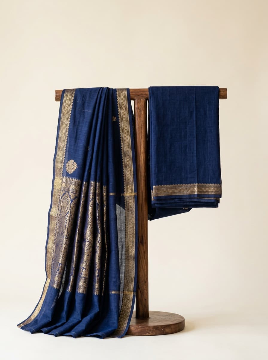 Indigo cotton saree folded on a wooden stand