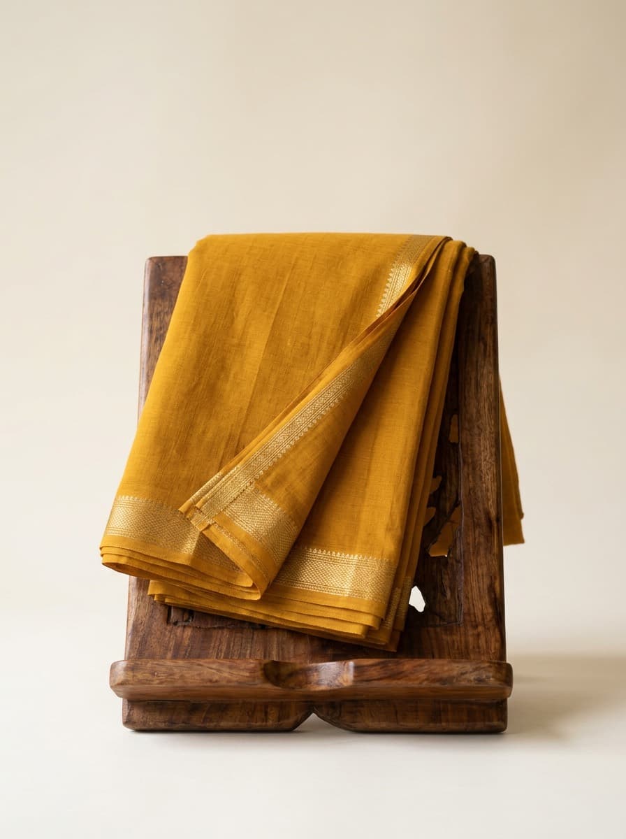 Pasupu, mustard Mangalagiri cotton saree, front drape