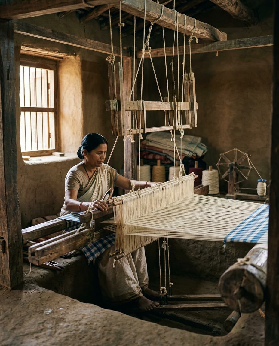 Cotton warp threads stretched on a traditional pit loom