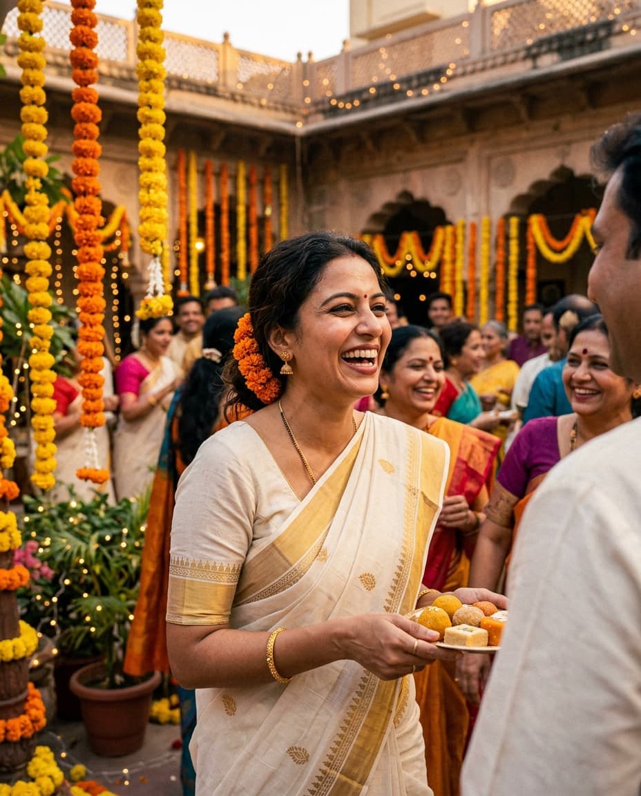 Woman in an ivory saree at a festival gathering