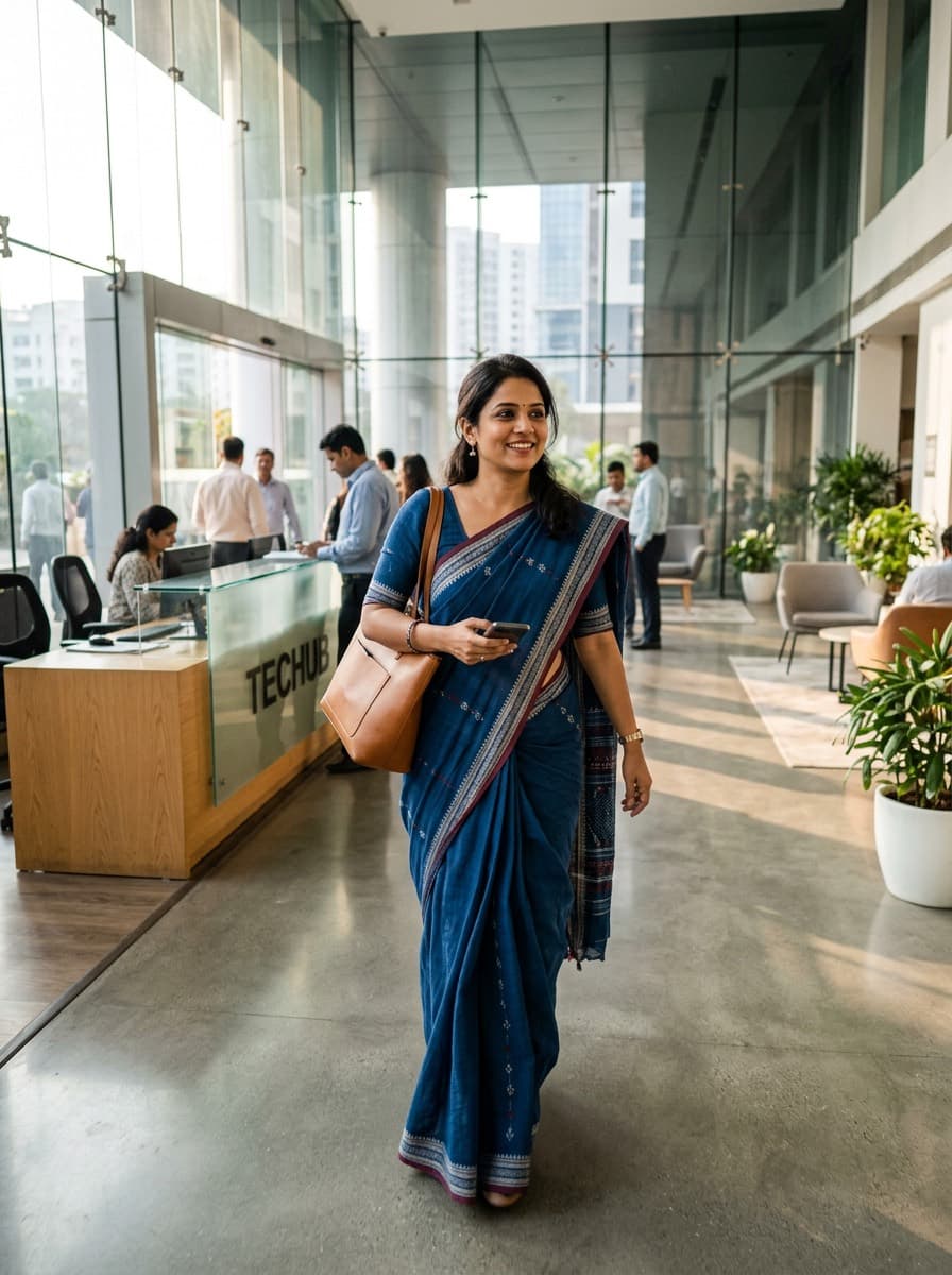 Woman in an indigo handloom saree walking into an office